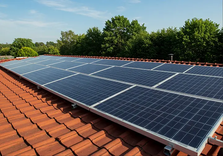 Painéis solares instalados em telhado com luz quente do sol