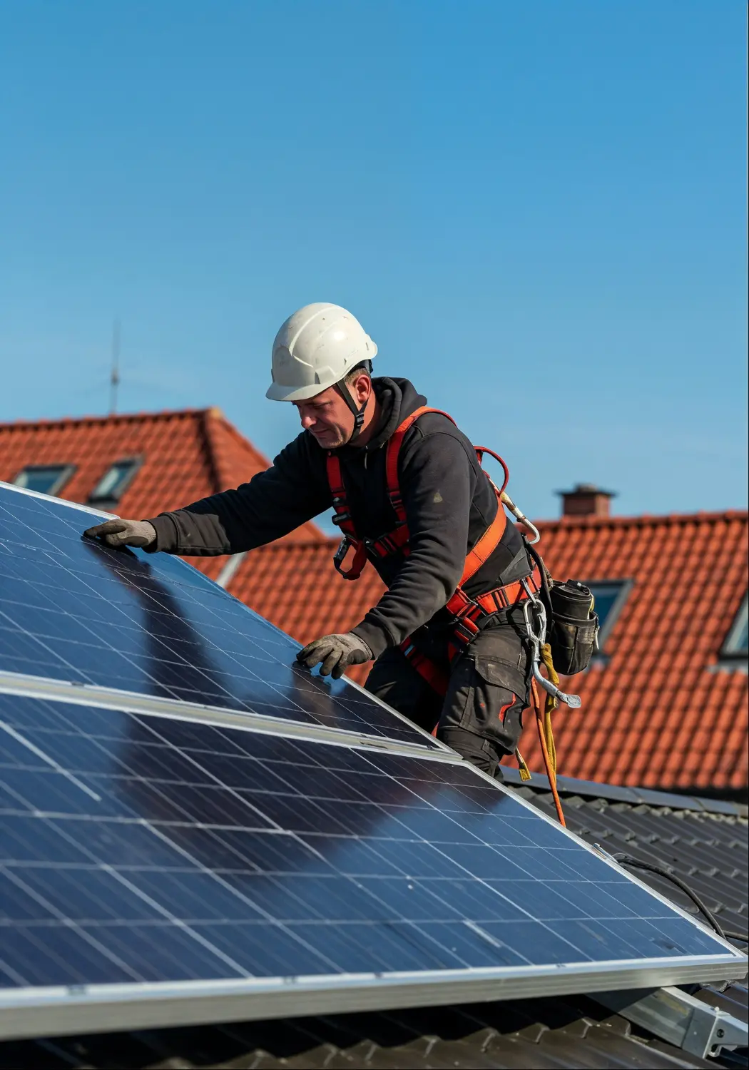 Sistema de energia solar instalado em telhado residencial